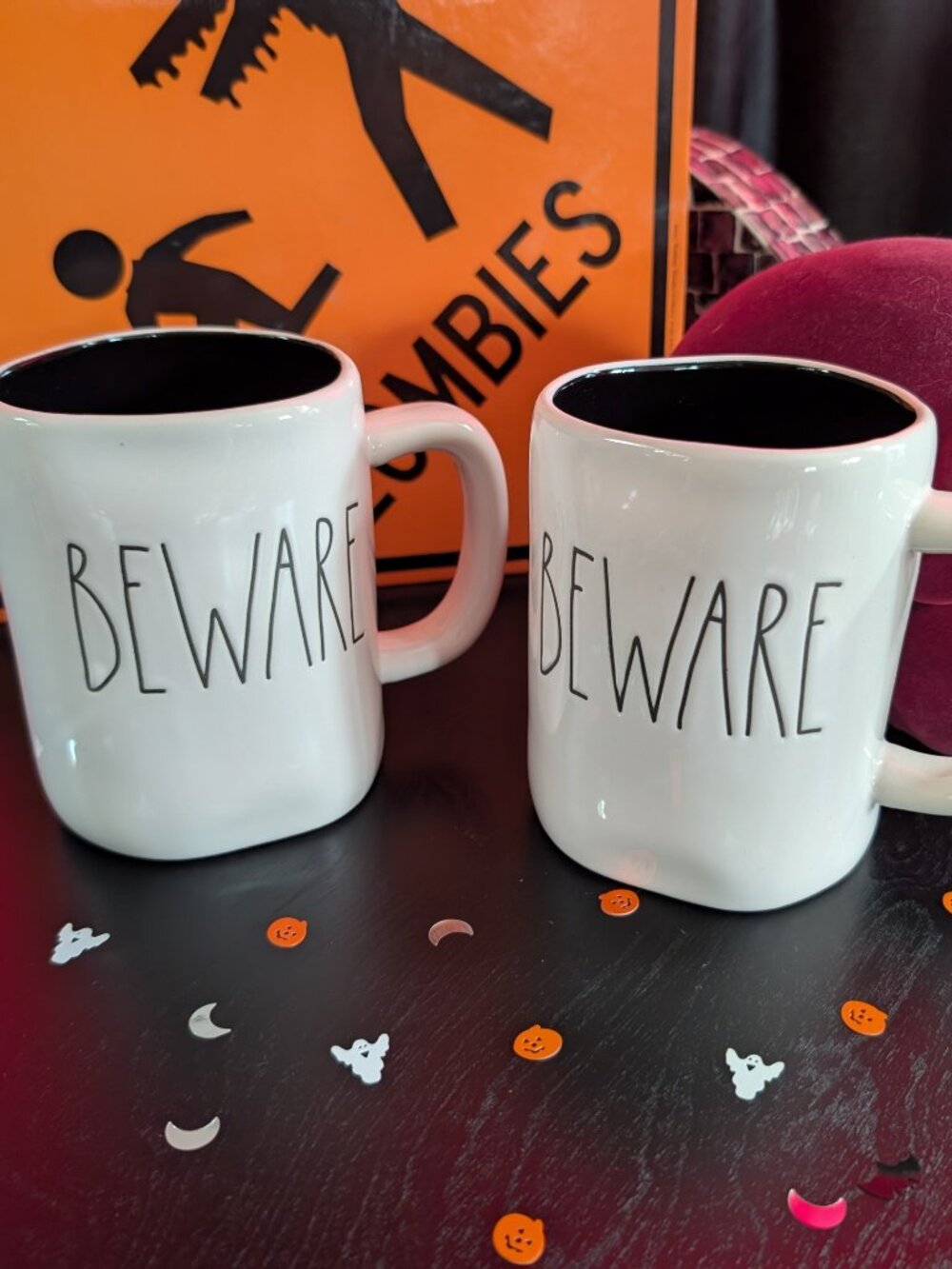 2 Rae Dunn BEWARE Mugs White w/ Black Inside New